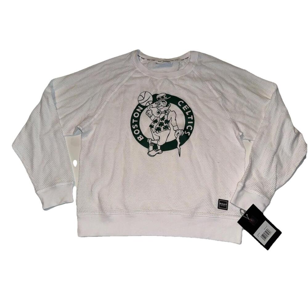 NWT DKNY Sport Womens White Mesh Long Sleeve White Top Celtics Logo NBA Fan